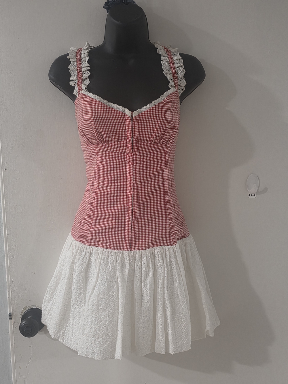 Lush Red Gingham & White Lace-Trim Slip Dress Sz SMALL